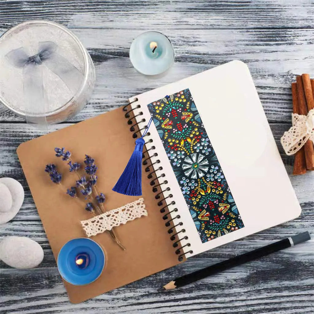Handcrafted leather bookmark with diamond mandala flower embroidery.