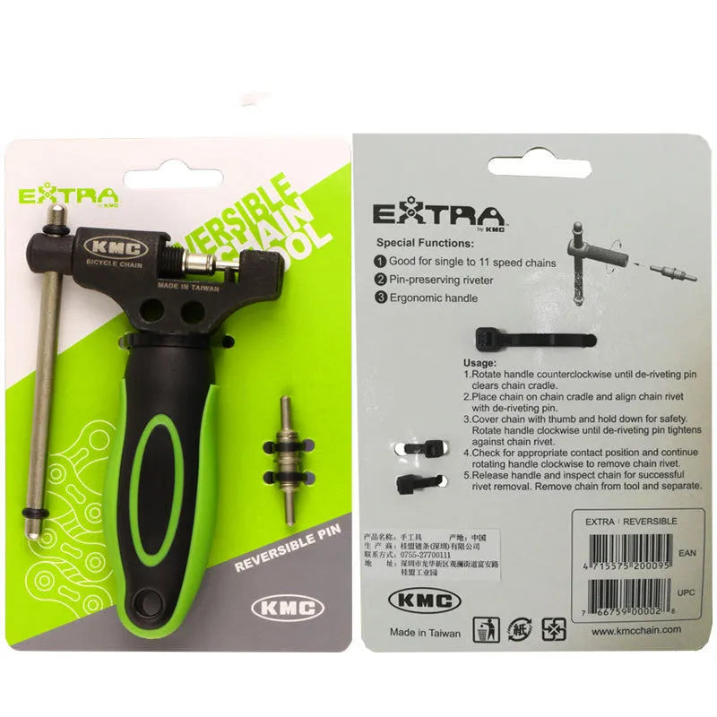 Green steel bicycle chain tool with a double-shaft chaining device for 0-type chains.