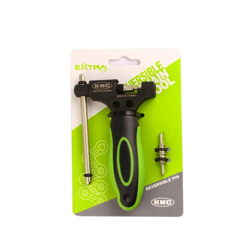 Green steel bicycle chain tool with a double-shaft chaining device for 0-type chains.