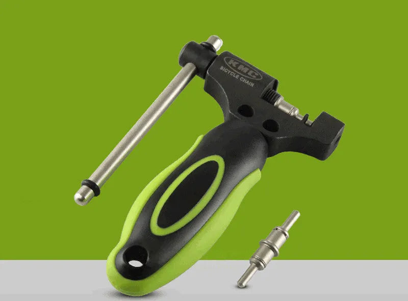 Green steel bicycle chain tool with a double-shaft chaining device for 0-type chains.
