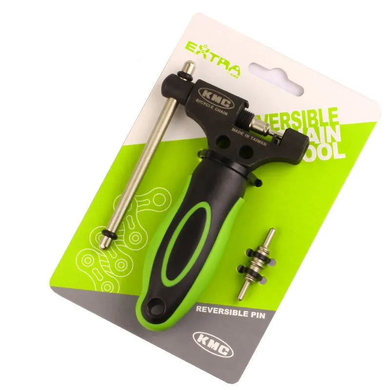 Green steel bicycle chain tool with a double-shaft chaining device for 0-type chains.