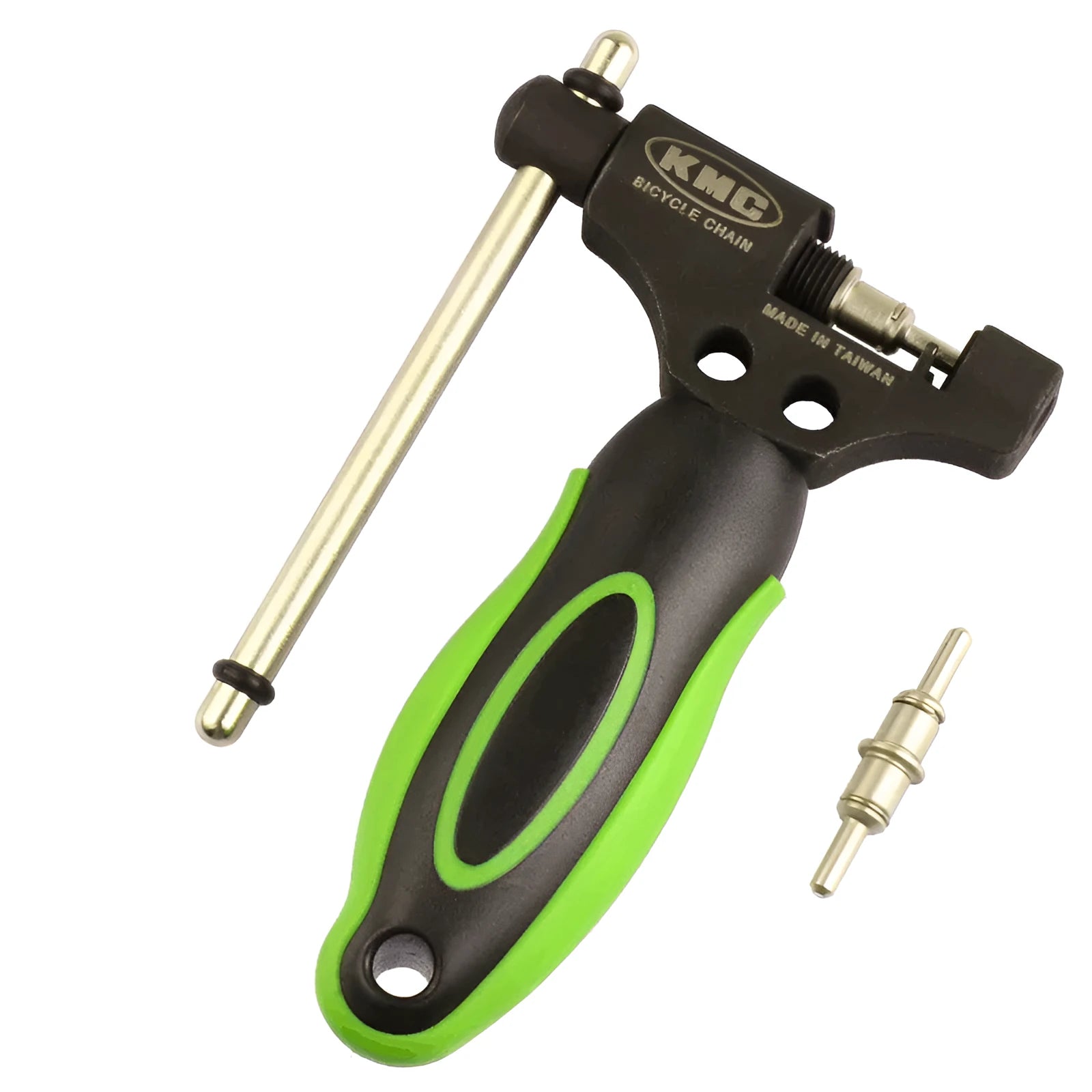 Green steel bicycle chain tool with a double-shaft chaining device for 0-type chains.