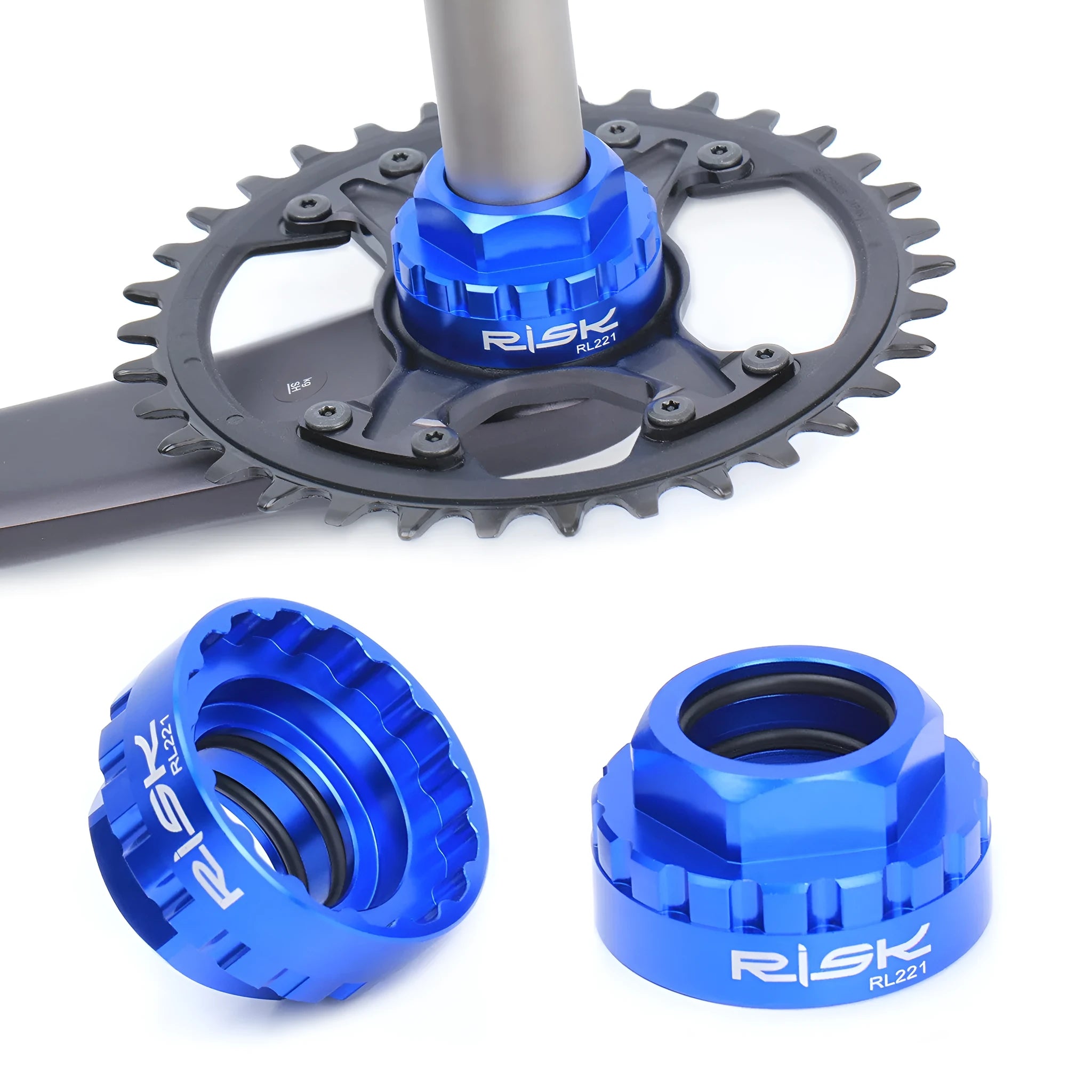 Blue aluminium alloy bicycle chainring removal tool for 12-speed direct mount disc systems with a wrench.