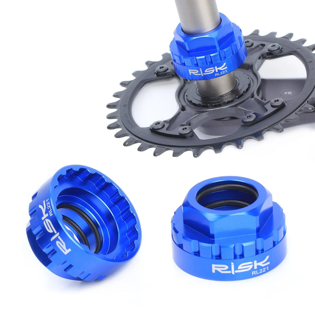 Blue aluminium alloy bicycle chainring removal tool for 12-speed direct mount disc systems with a wrench.