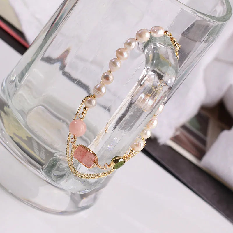 Women's freshwater pearl bracelet with geometric strawberry crystal charms in UG309 pink