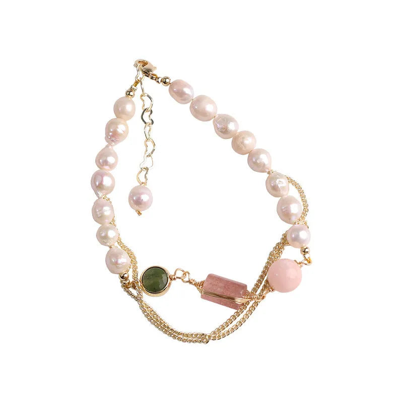 Women's freshwater pearl bracelet with geometric strawberry crystal charms in UG309 pink