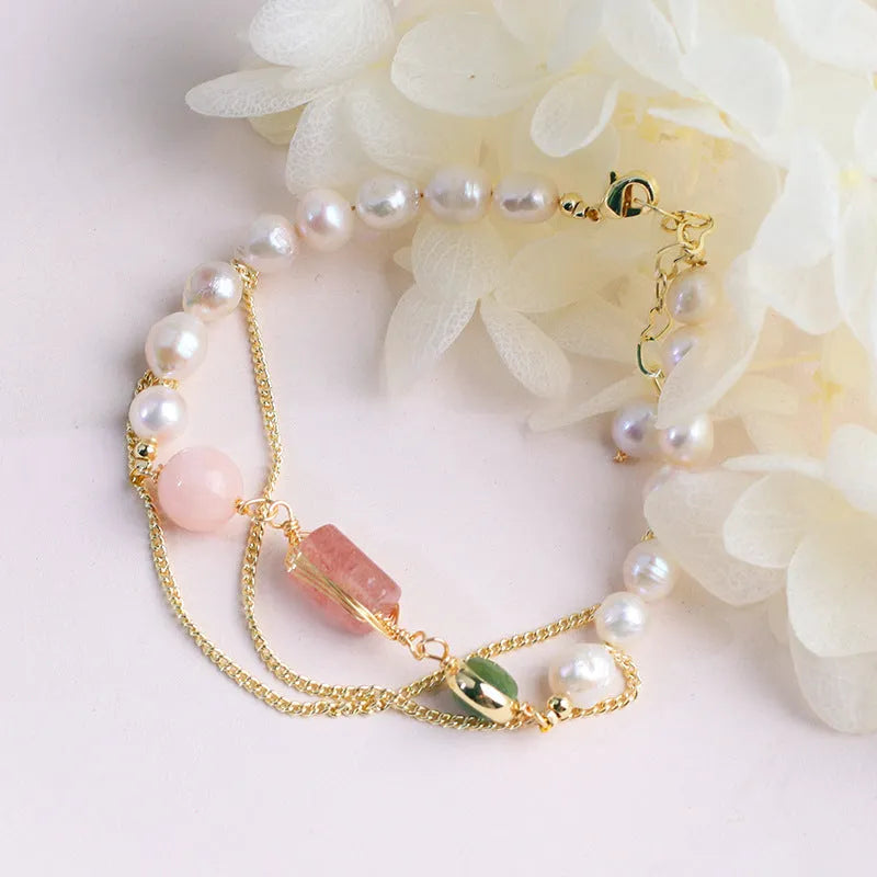 Women's freshwater pearl bracelet with geometric strawberry crystal charms in UG309 pink