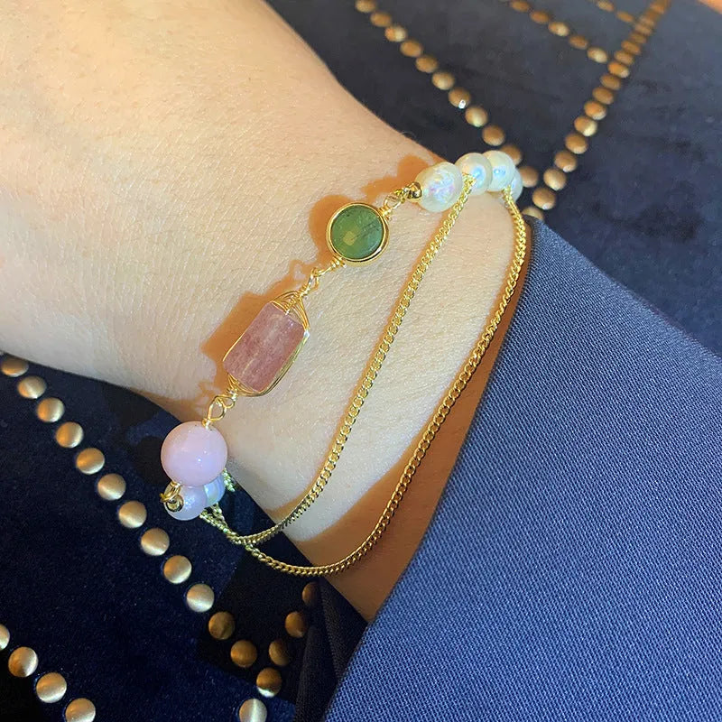Women's freshwater pearl bracelet with geometric strawberry crystal charms in UG309 pink