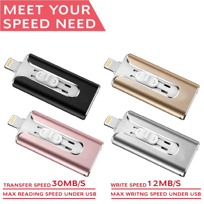 Metal USB flash drive with USB-A, USB-C, and Lightning connectors in black, silver, gold, or rose gold.