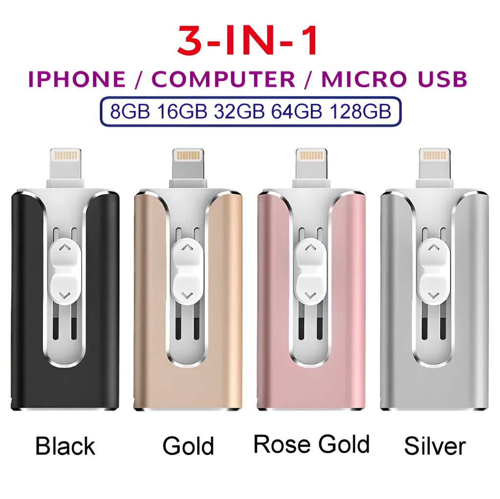 Metal USB flash drive with USB-A, USB-C, and Lightning connectors in black, silver, gold, or rose gold.