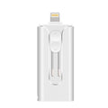 Metal USB flash drive with USB-A, USB-C, and Lightning connectors in black, silver, gold, or rose gold.