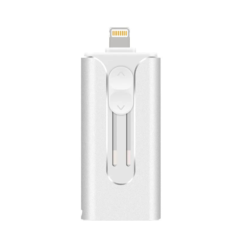 Metal USB flash drive with USB-A, USB-C, and Lightning connectors in black, silver, gold, or rose gold.