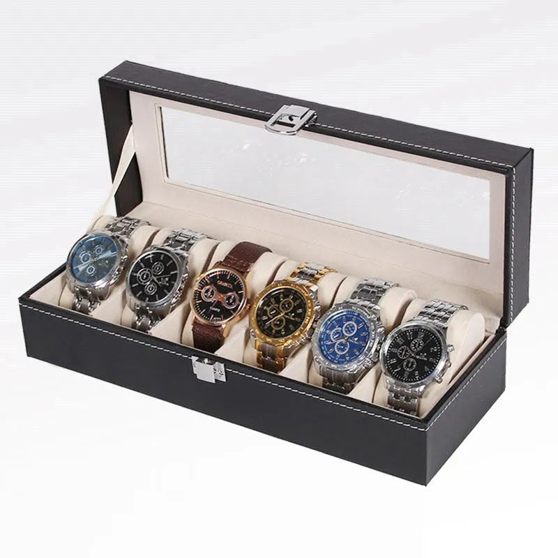 Black wooden watch display box with clear lid showing six watch slots inside.