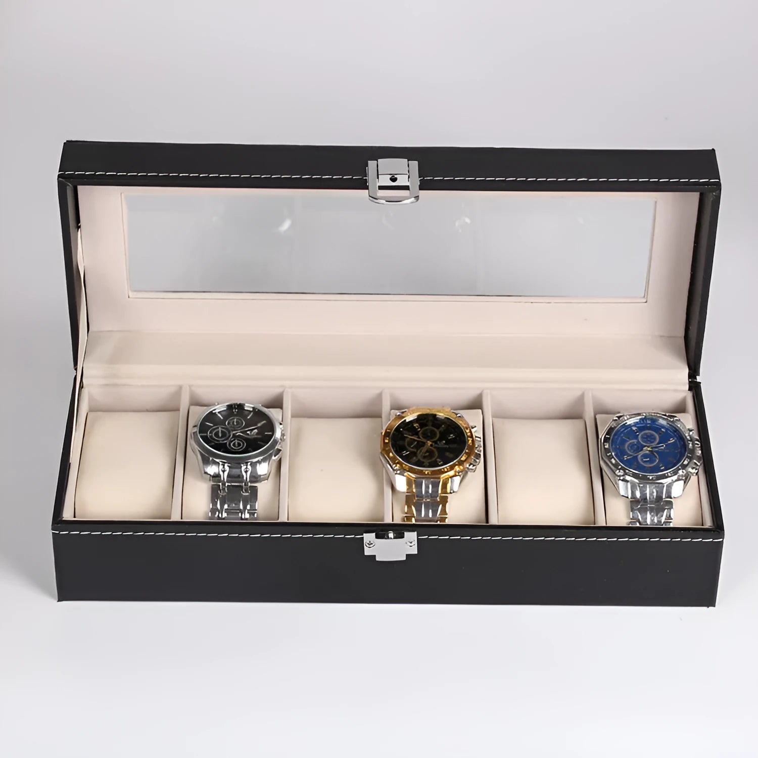 Black wooden watch display box with clear lid showing six watch slots inside.
