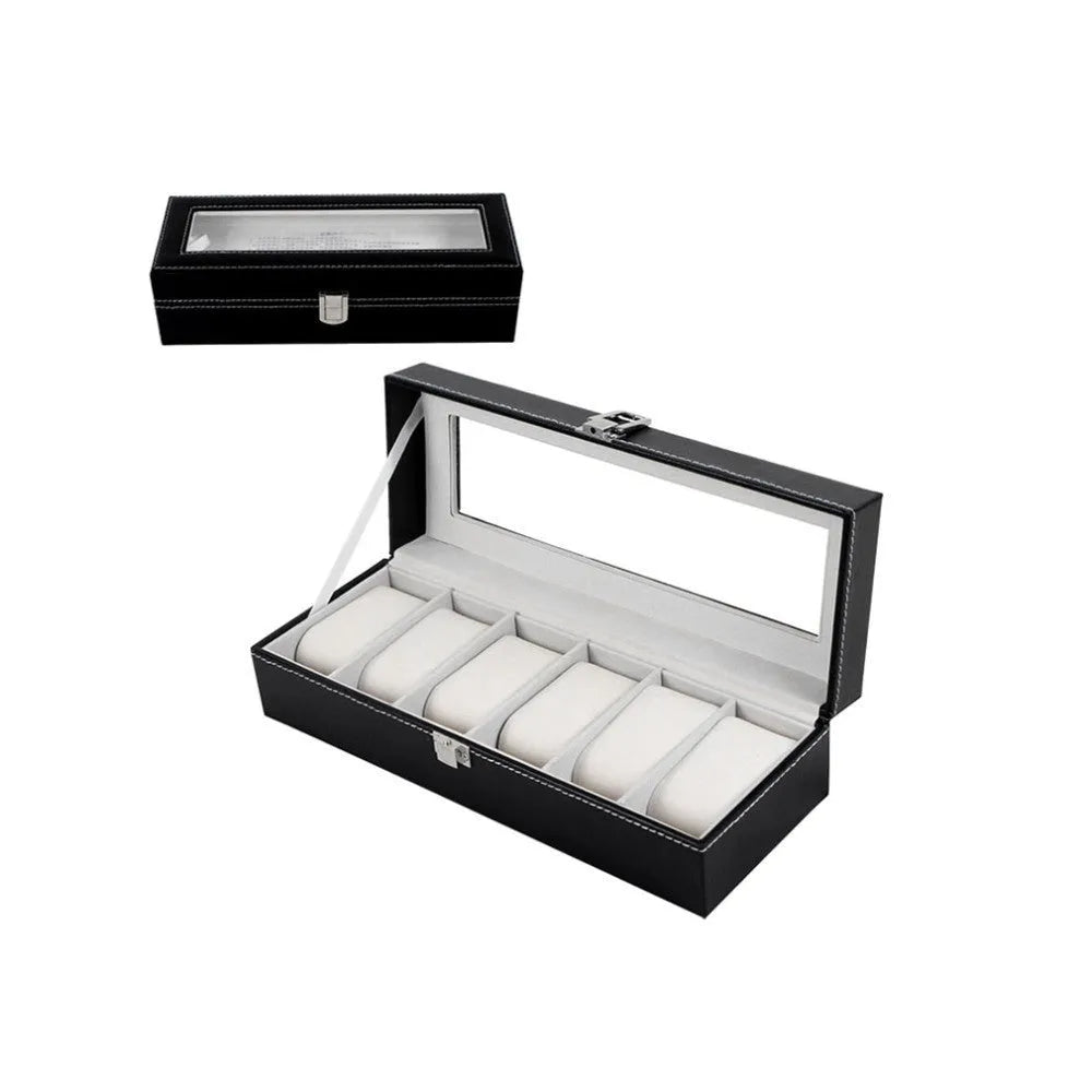 Black wooden watch display box with clear lid showing six watch slots inside.