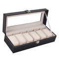 Black wooden watch display box with clear lid showing six watch slots inside.