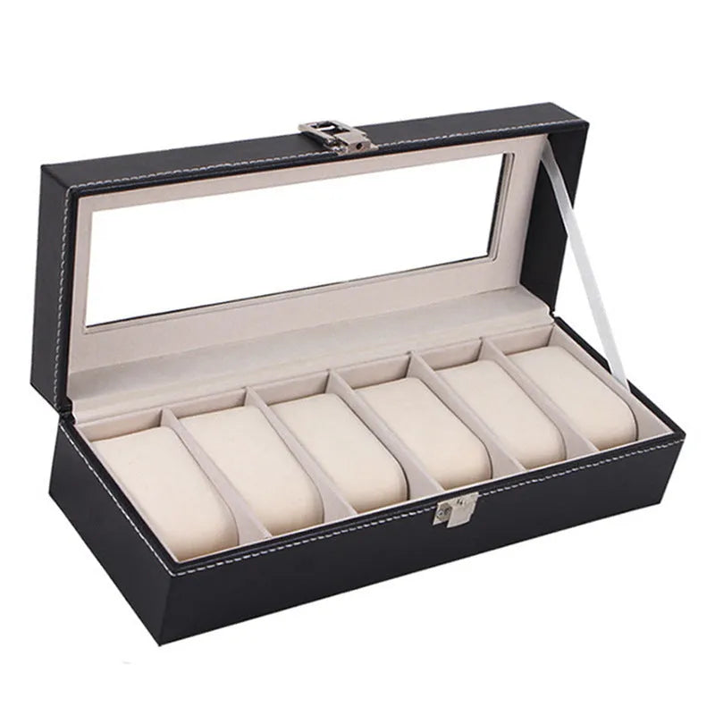 Black wooden watch display box with clear lid showing six watch slots inside.