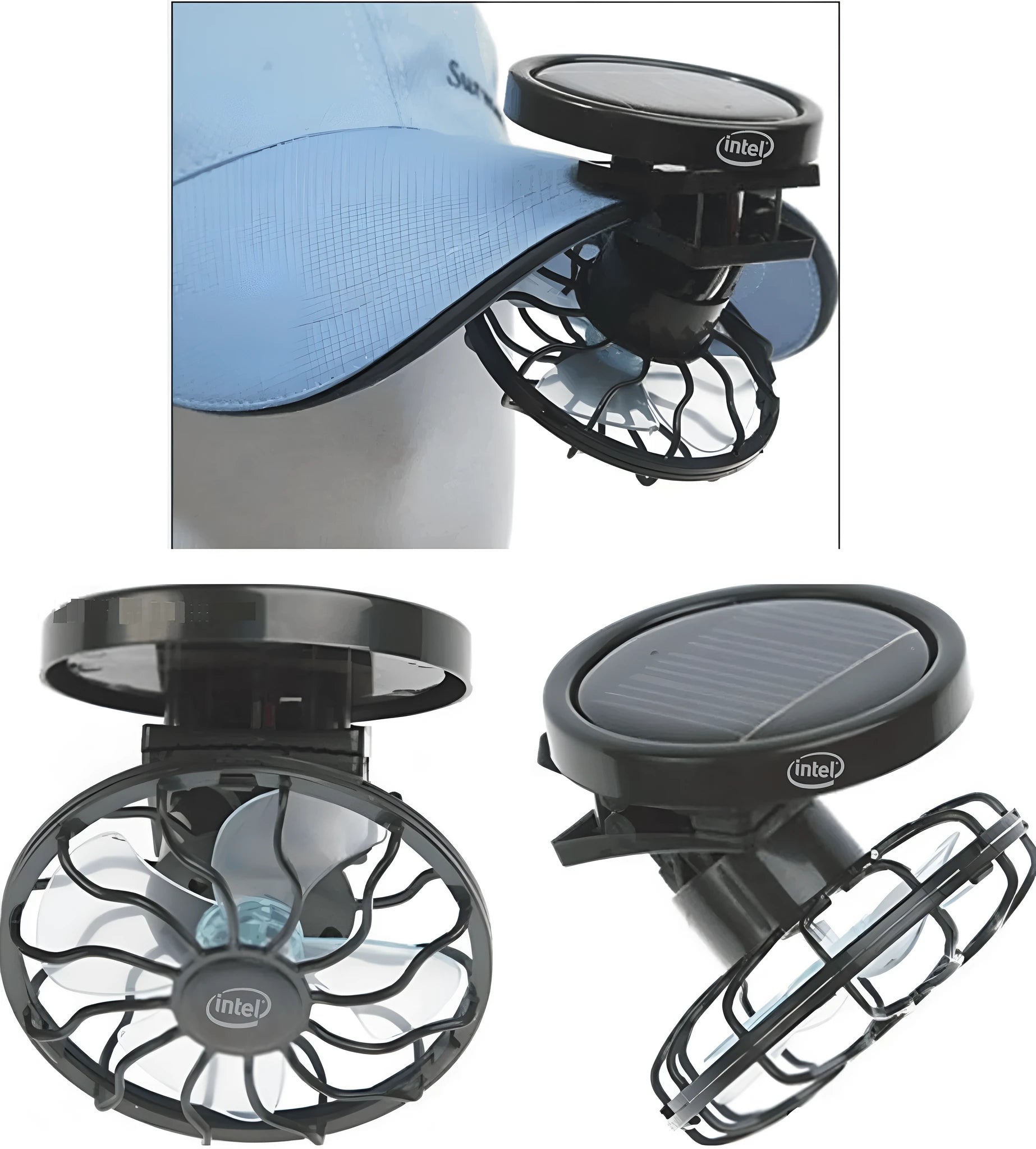 Black portable solar fan with clip-on mount and solar panel for outdoor cooling.