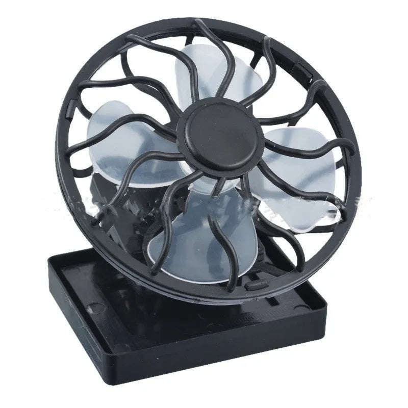 Black portable solar fan with clip-on mount and solar panel for outdoor cooling.