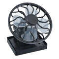 Black portable solar fan with clip-on mount and solar panel for outdoor cooling.