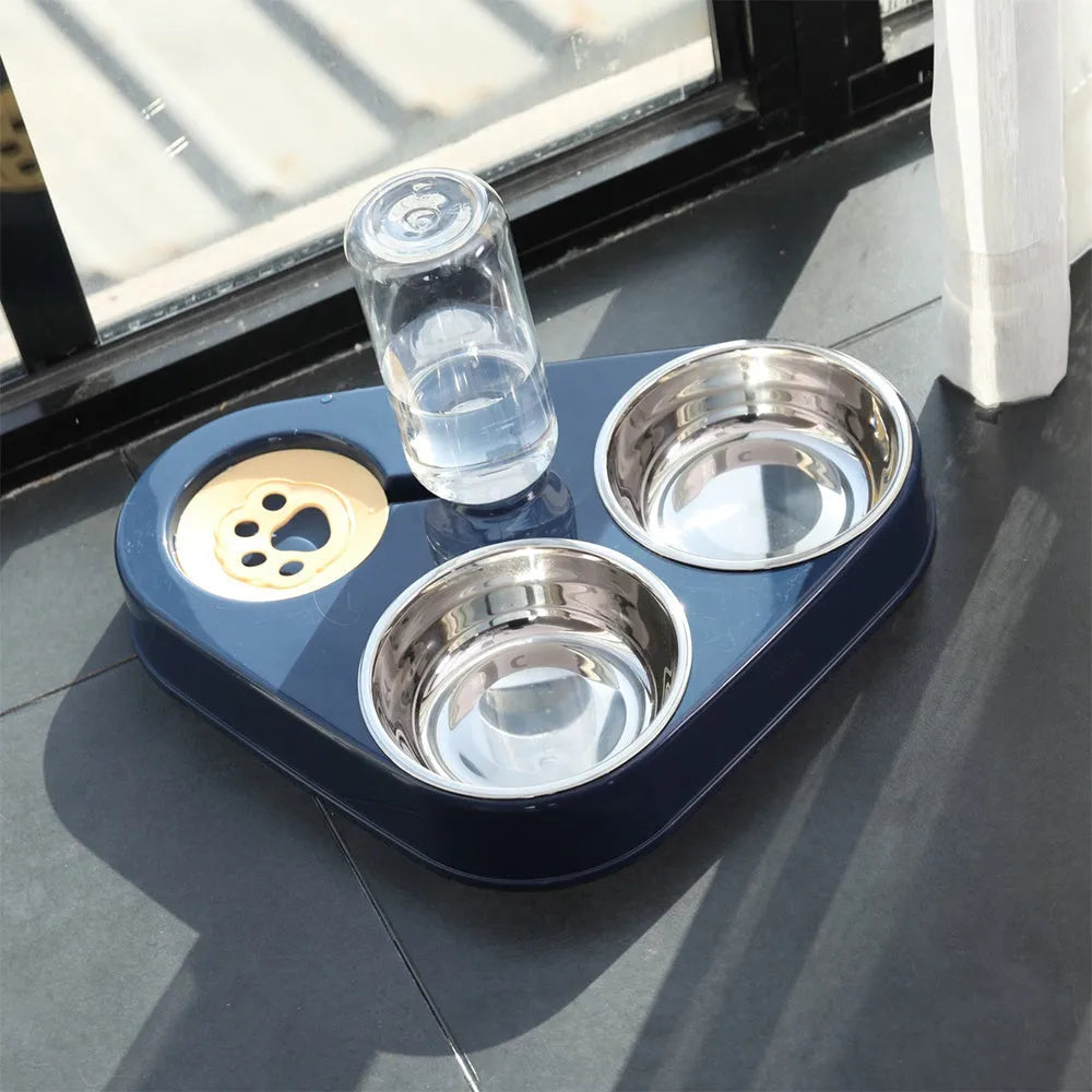 Small unplugged pet drinking bowl with stainless steel bowl and plastic base, 24.5x29.5cm
