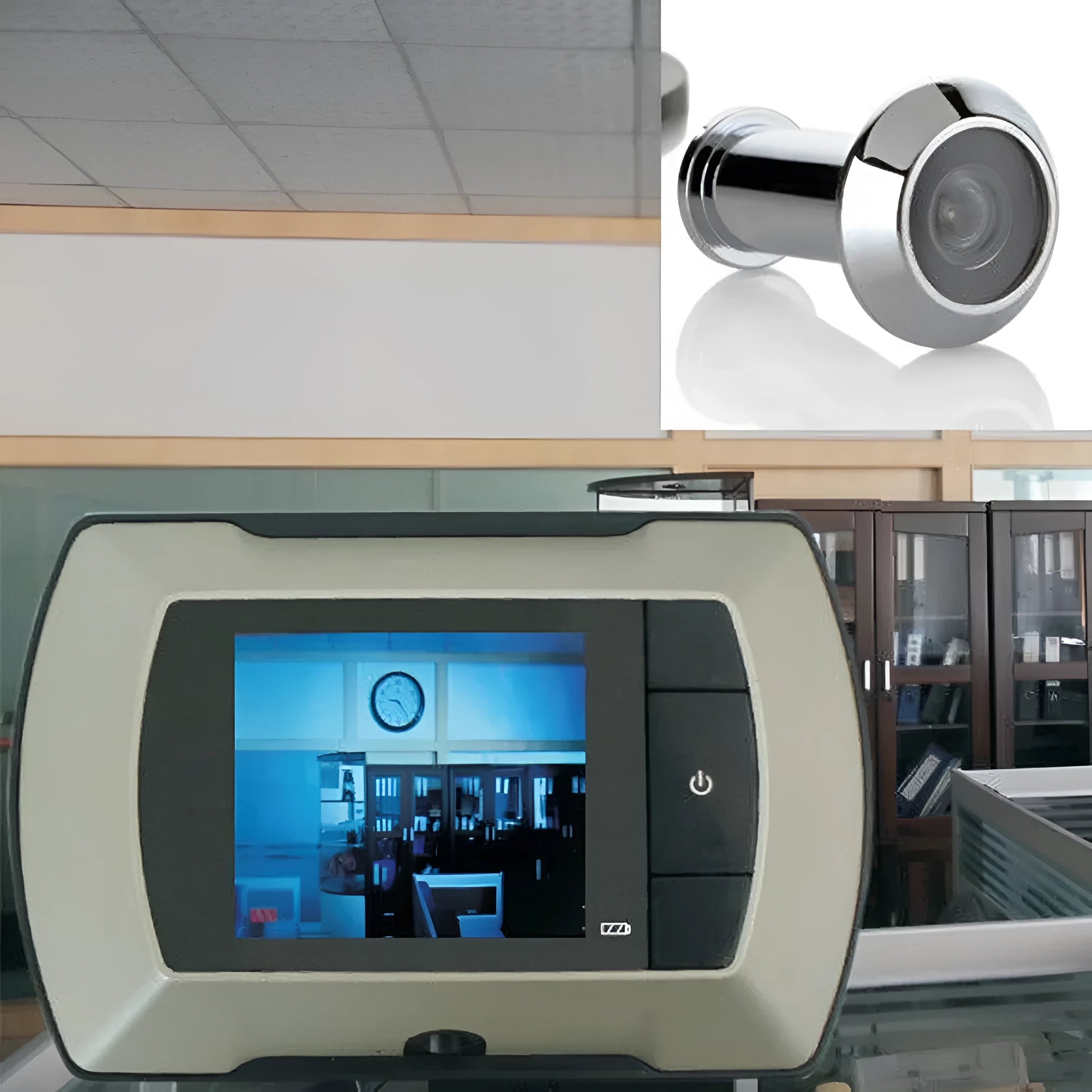 Wireless LCD visual door peephole monitor with indoor screen and outdoor camera unit.
