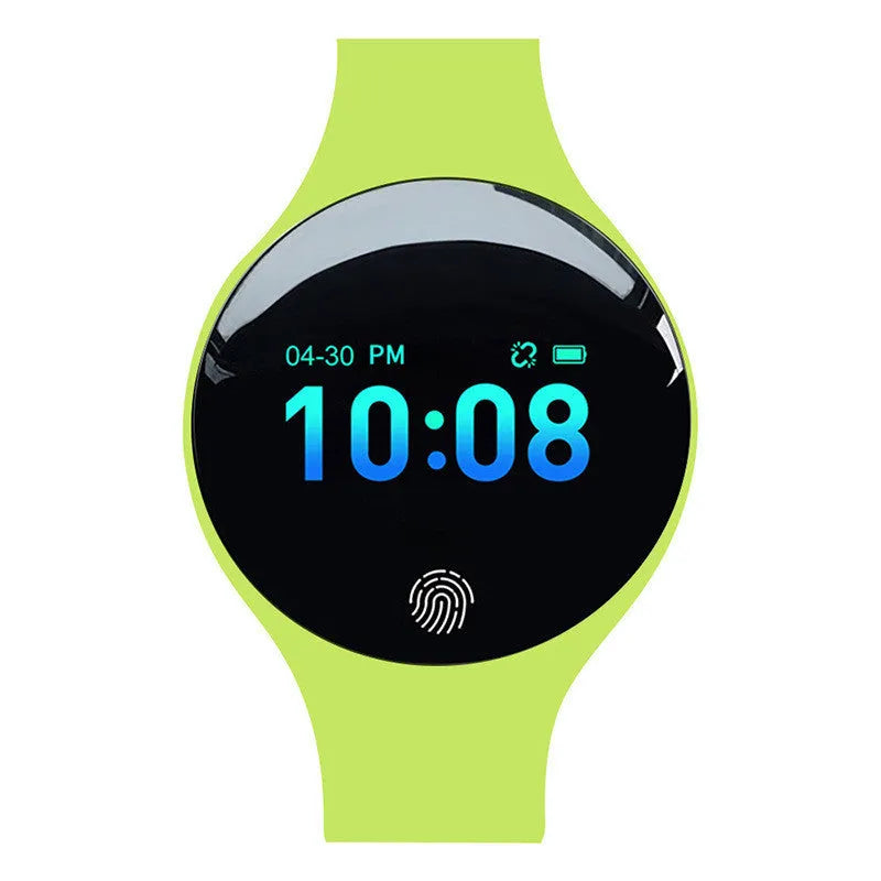 Black Bluetooth smart watch with pedometer and vibrating alarm on a wrist, showing 0.66-inch screen.