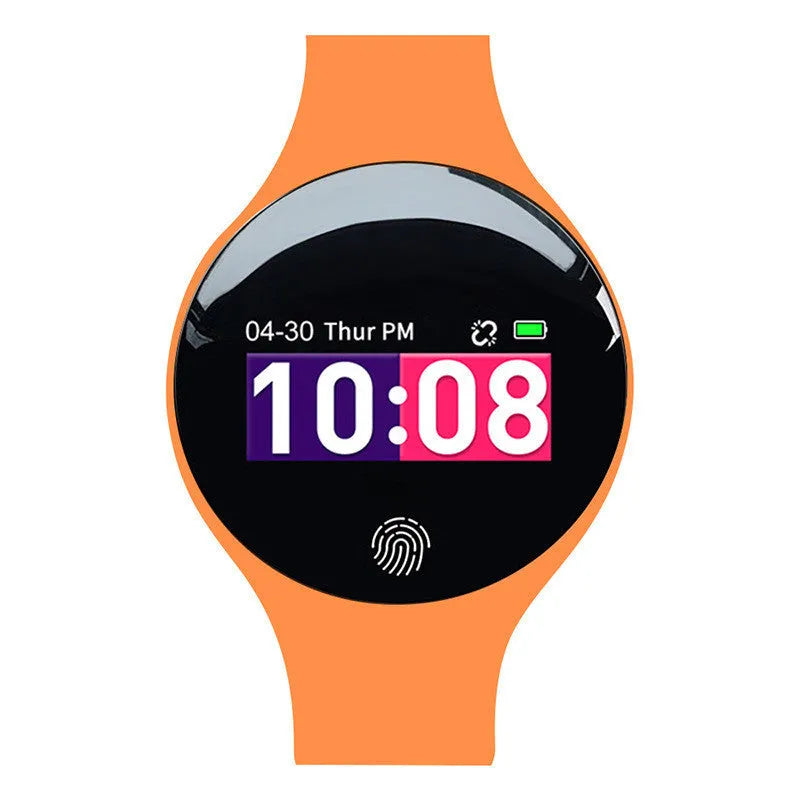Black Bluetooth smart watch with pedometer and vibrating alarm on a wrist, showing 0.66-inch screen.
