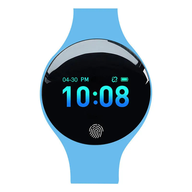 Black Bluetooth smart watch with pedometer and vibrating alarm on a wrist, showing 0.66-inch screen.