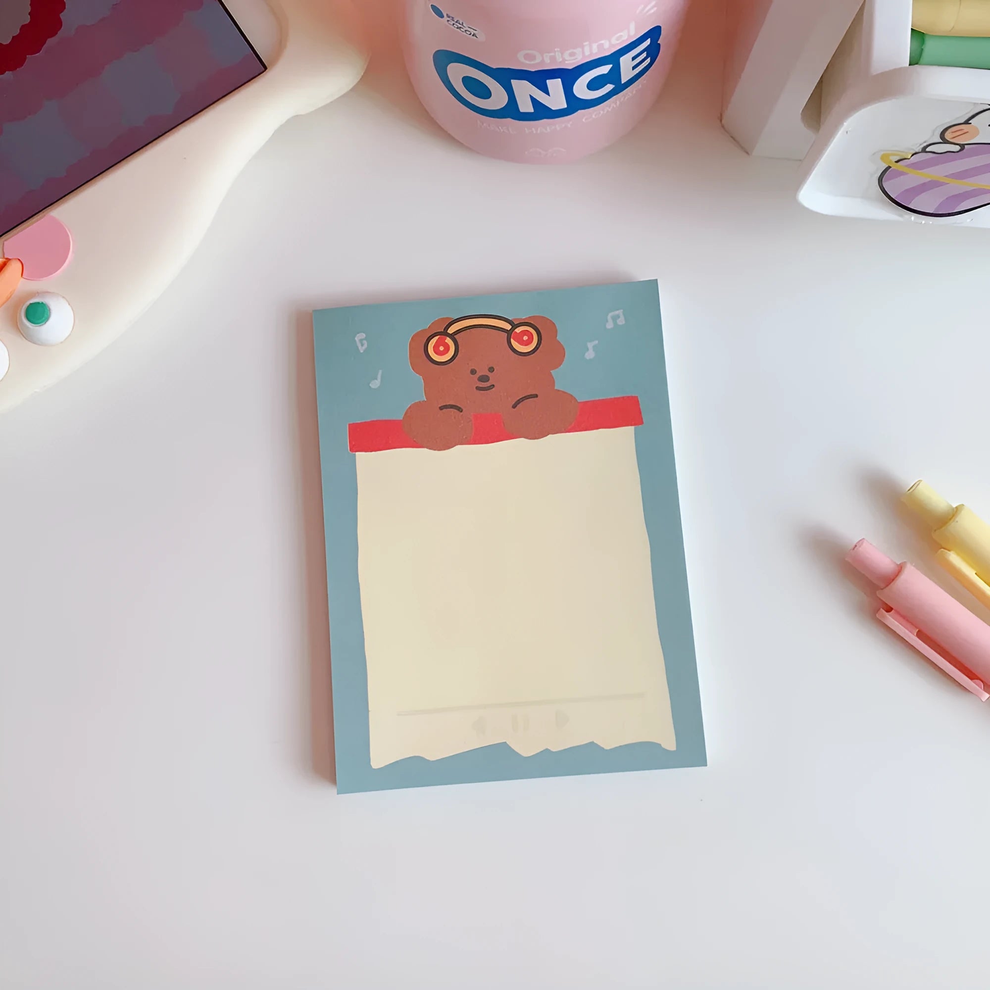 Kawaii bear memo pad notebook with cartoon cover, available in 9 colour styles including Strawberry Party and Rainbow