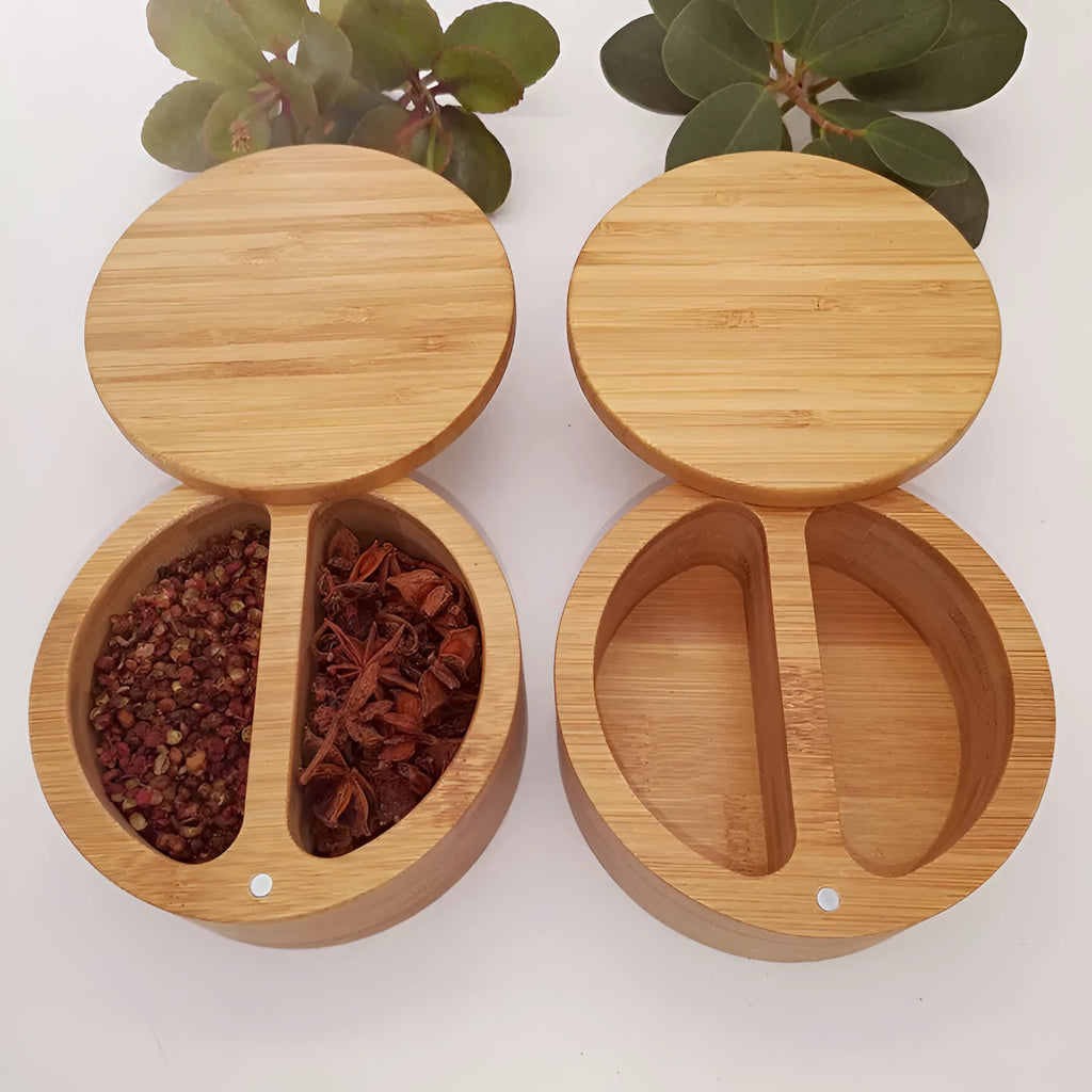 Bamboo seasoning box with multiple compartment styles and a bamboo spoon for solid seasonings