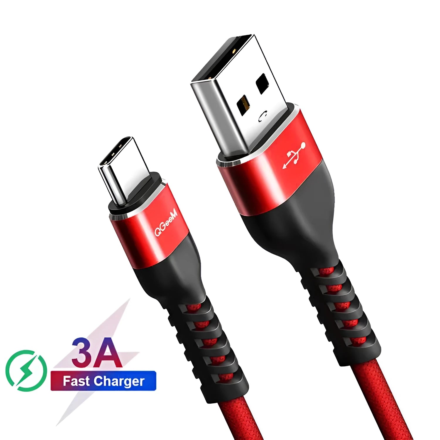 QGeeM USB A to Type-C fast charge data cable for Android phones in black and red colours