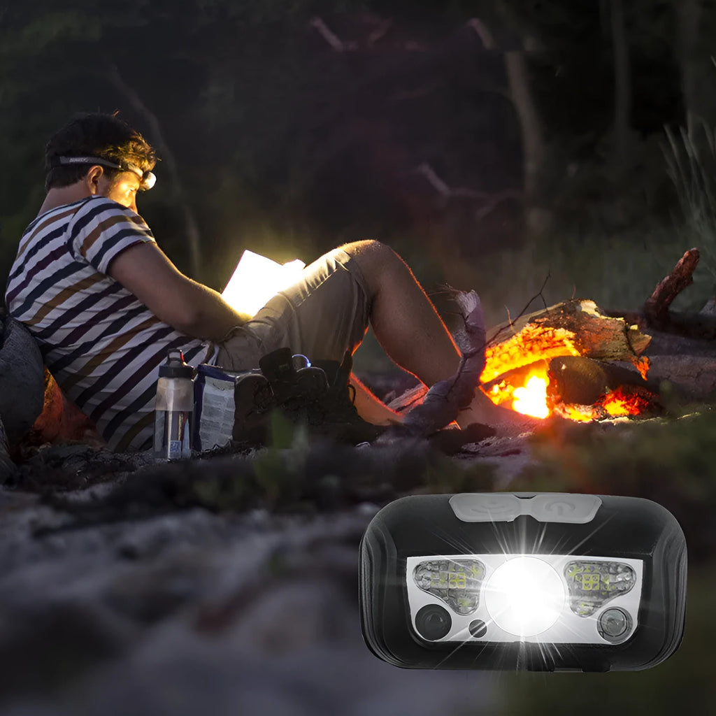 USB rechargeable sensor headlamp with white and red LED lights in black or blue colour