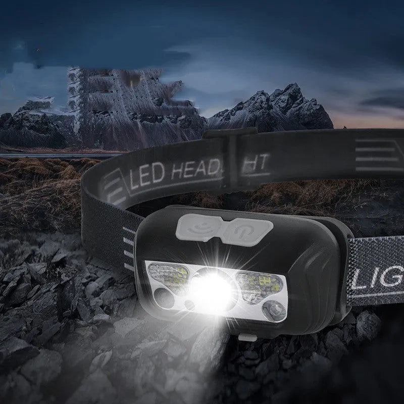 USB rechargeable sensor headlamp with white and red LED lights in black or blue colour