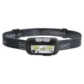 USB rechargeable sensor headlamp with white and red LED lights in black or blue colour
