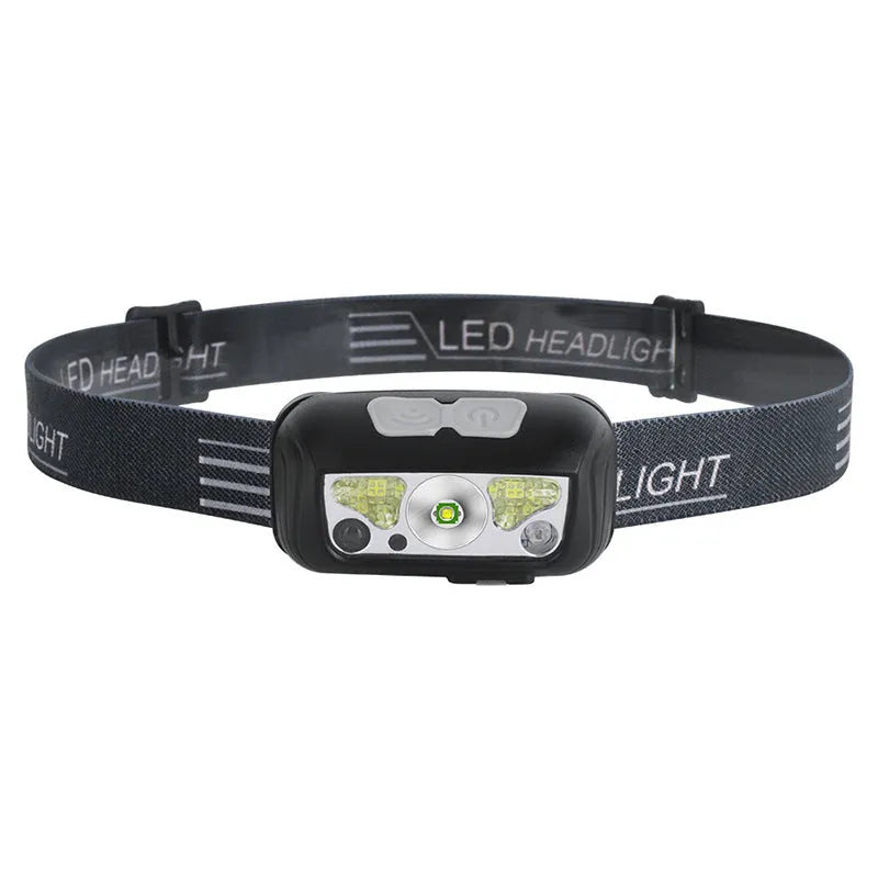 USB rechargeable sensor headlamp with white and red LED lights in black or blue colour