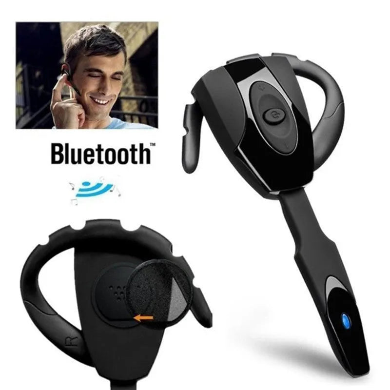 Single ear business Bluetooth headset in hanging ear design, shown in available colours.