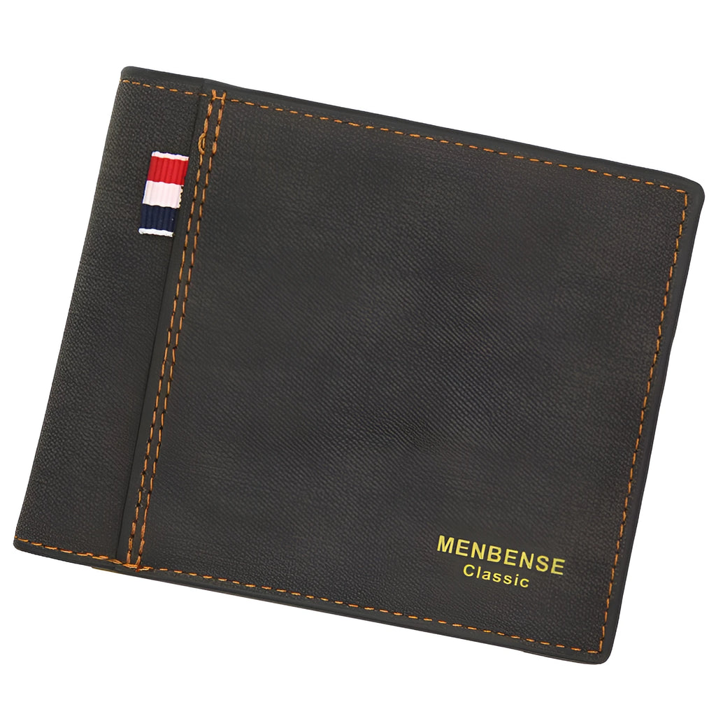 Men's black tri-fold leather wallet open showing card slots and cash compartment