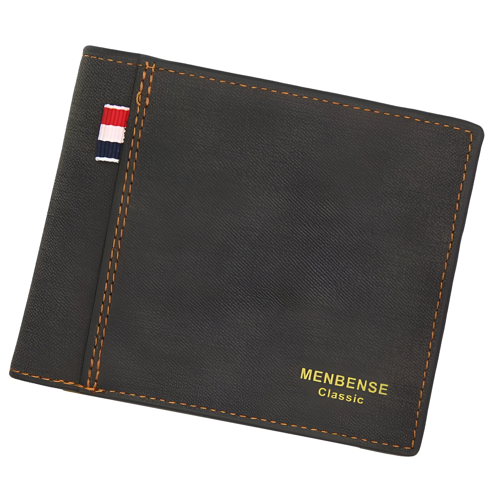 Men's black tri-fold leather wallet open showing card slots and cash compartment