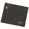 Men's black tri-fold leather wallet open showing card slots and cash compartment