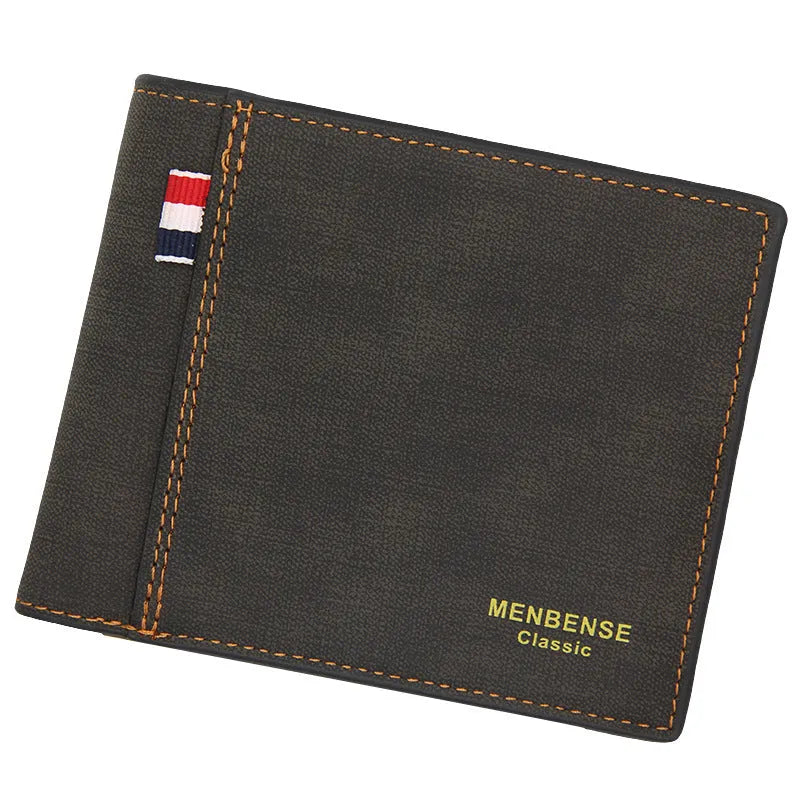 Men's black tri-fold leather wallet open showing card slots and cash compartment