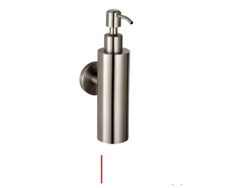 Stainless steel wall-mounted manual soap dispenser with a brushed metal finish.