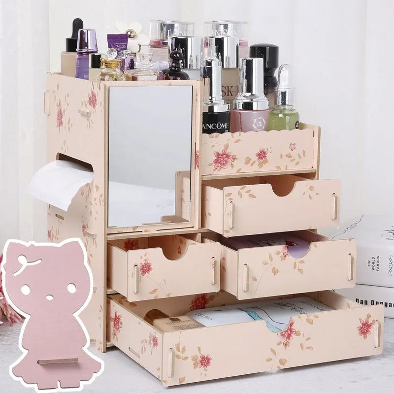 Wooden cosmetic storage box with drawer compartments and dividers for organising cosmetics and jewellery