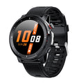 IP68 waterproof Android smartwatch with round colour touchscreen in red or black silicone strap options