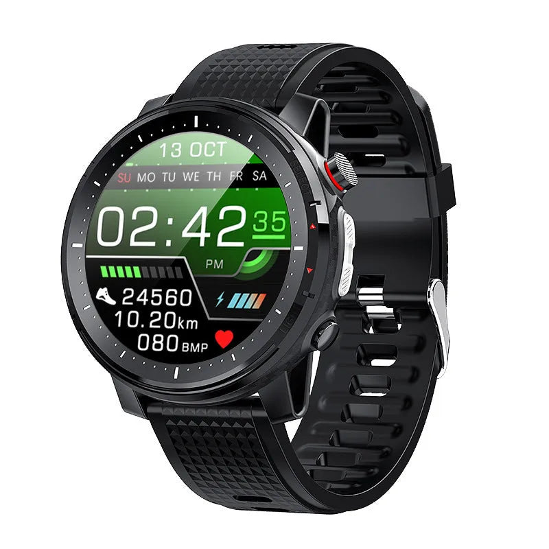 IP68 waterproof Android smartwatch with round colour touchscreen in red or black silicone strap options