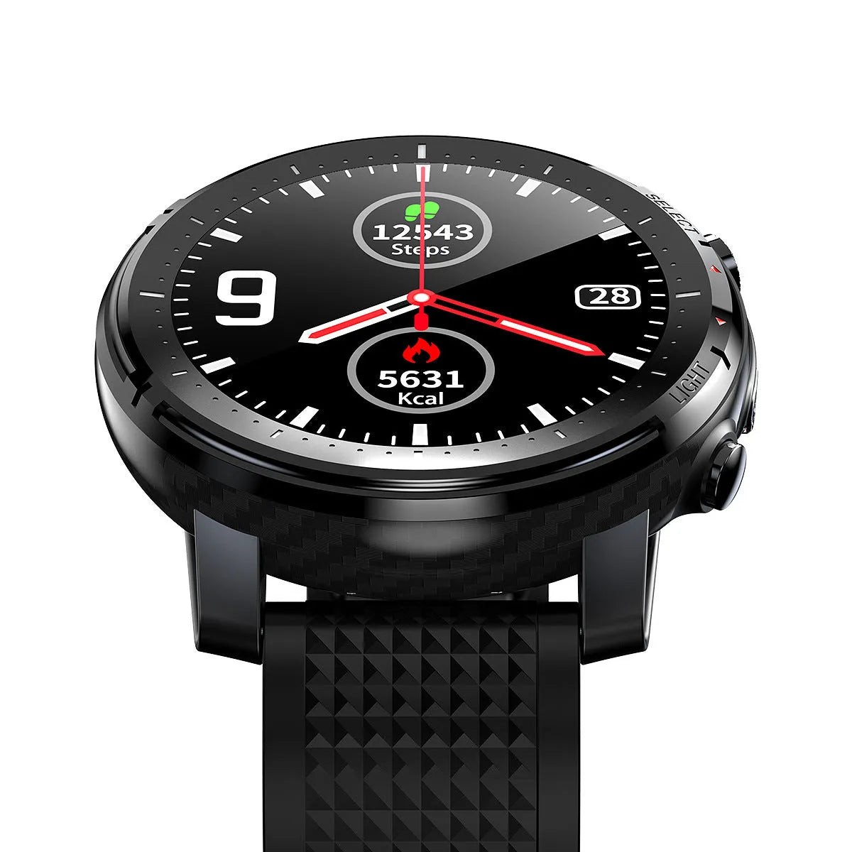 IP68 waterproof Android smartwatch with round colour touchscreen in red or black silicone strap options