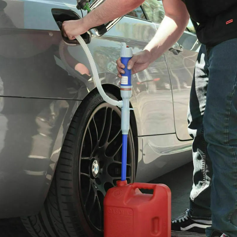 Blue manual hand pump siphon for fuel and liquid transfer with PP plastic construction.