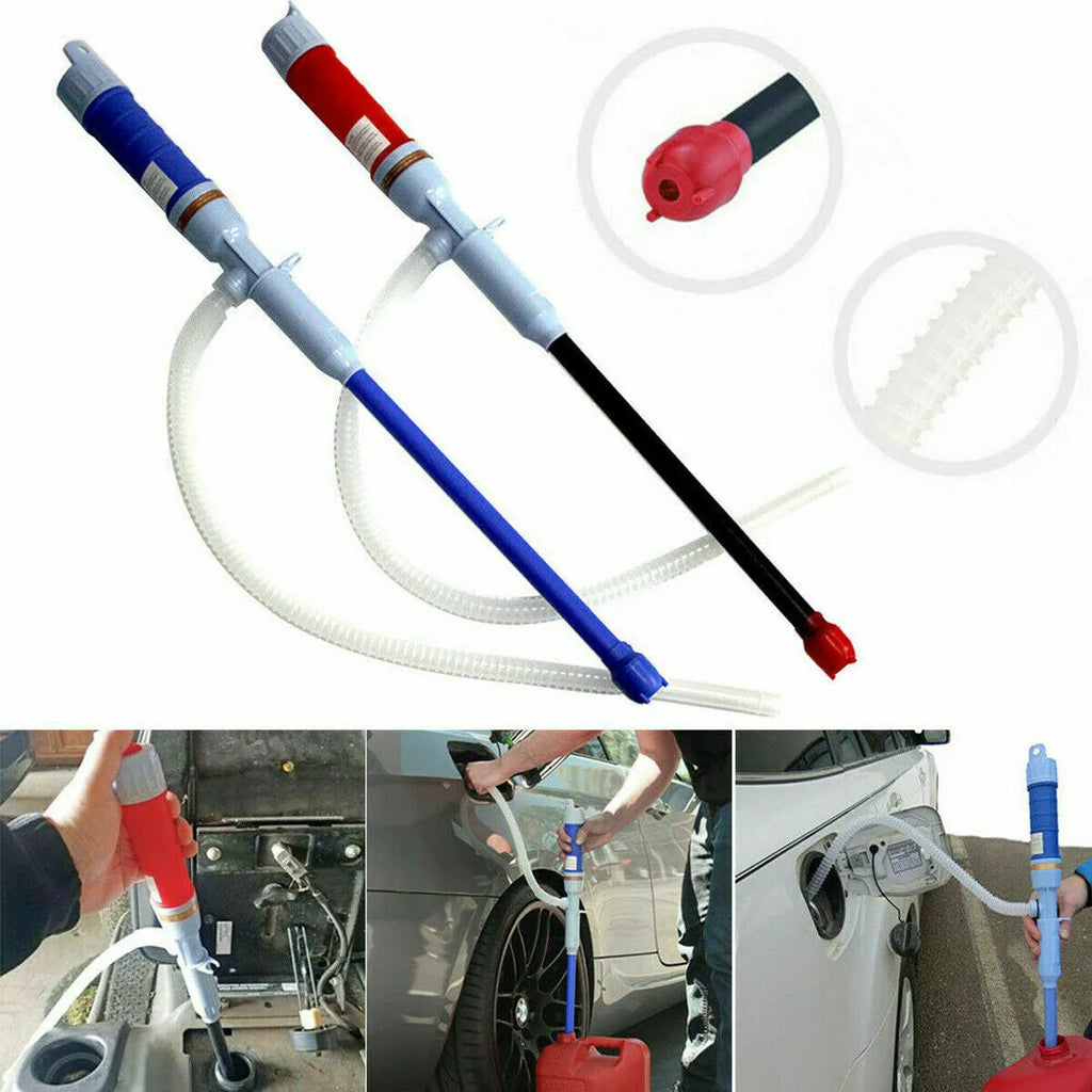 Blue manual hand pump siphon for fuel and liquid transfer with PP plastic construction.