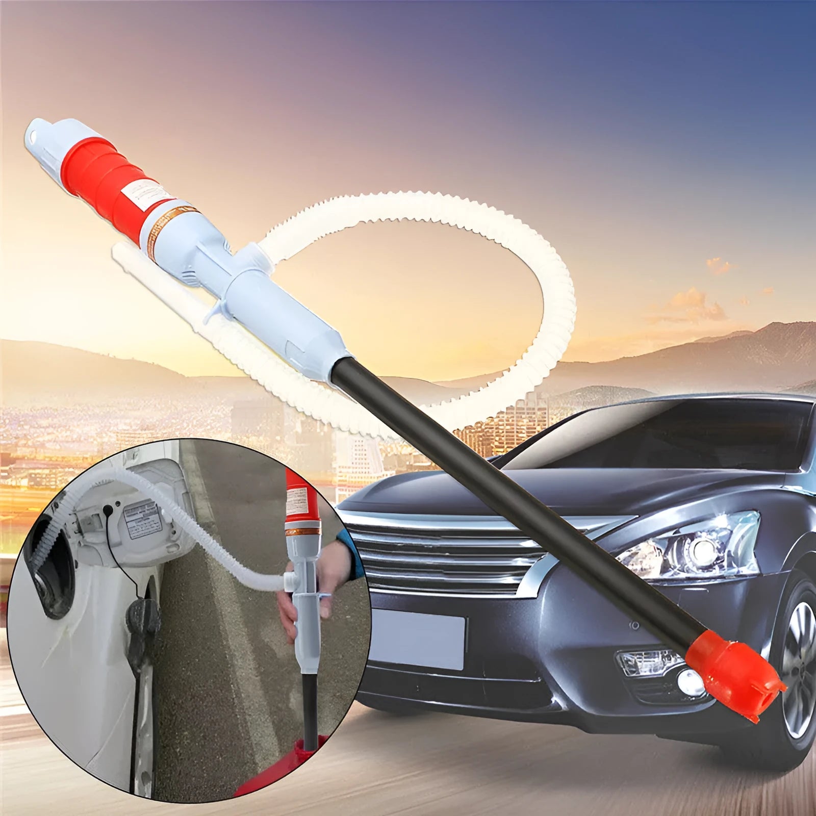 Blue manual hand pump siphon for fuel and liquid transfer with PP plastic construction.
