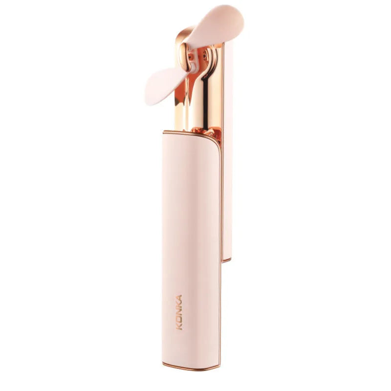 Pink handheld folding fan with oscillating head and mechanical speed controls